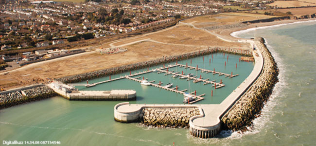 Aerial shot of greystones harbour marina